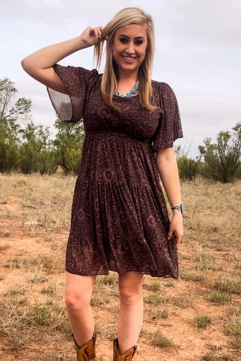 dark brown western dress Bronzed Bloom | Tooling Print Dress Color:Midnight