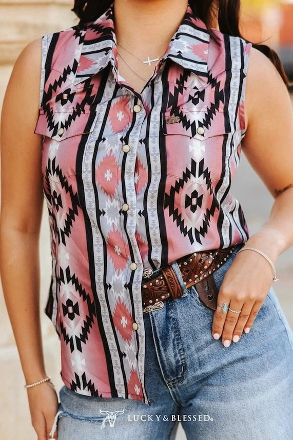 Sleeveless Pearl Snap Top