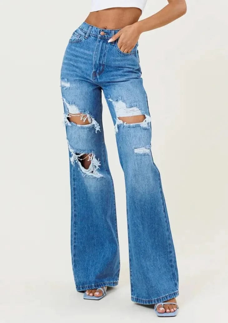 買い誠実 Wide Leg Jeans Destroyed パンツ