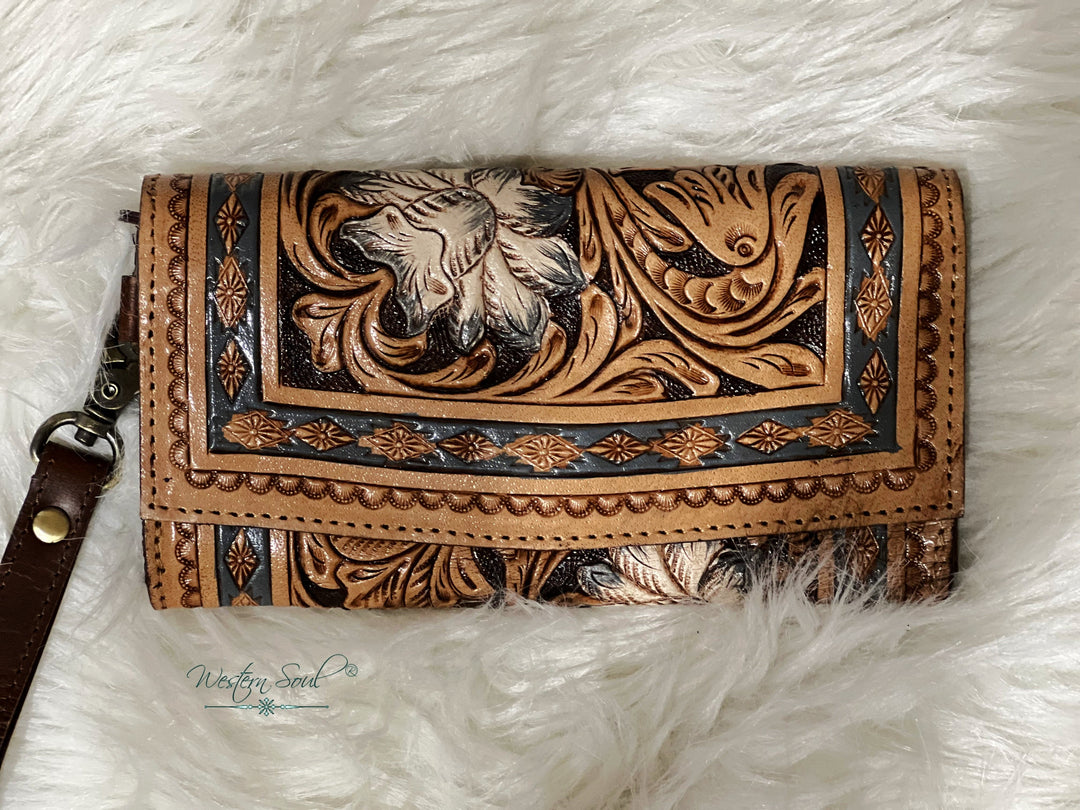 women's tooled leather wallet by countryside co