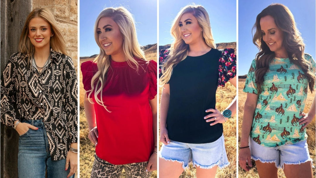 collage of models wearing various styles of sterling kreek tops