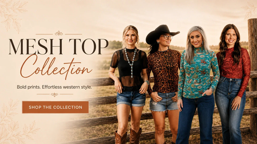 models wearing western mesh tops 