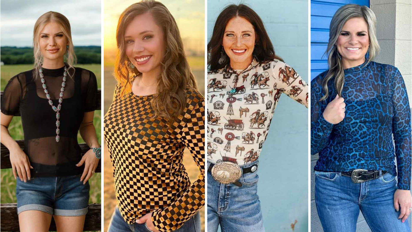 models wearing western mesh top collage collection