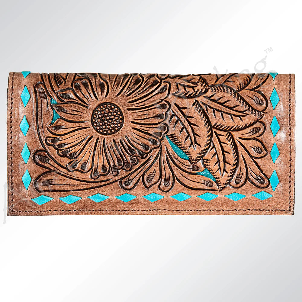 Handtooled Leather Wallet Teal Buckstitch