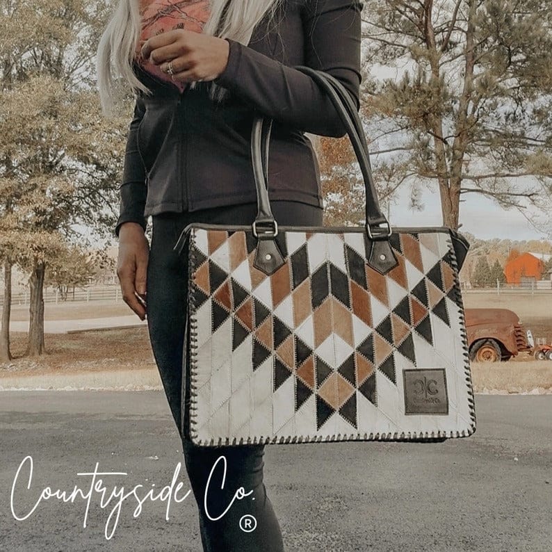 Countryside Co. Concealed Carry Tote Geometric Patchwork Cowhide Tote