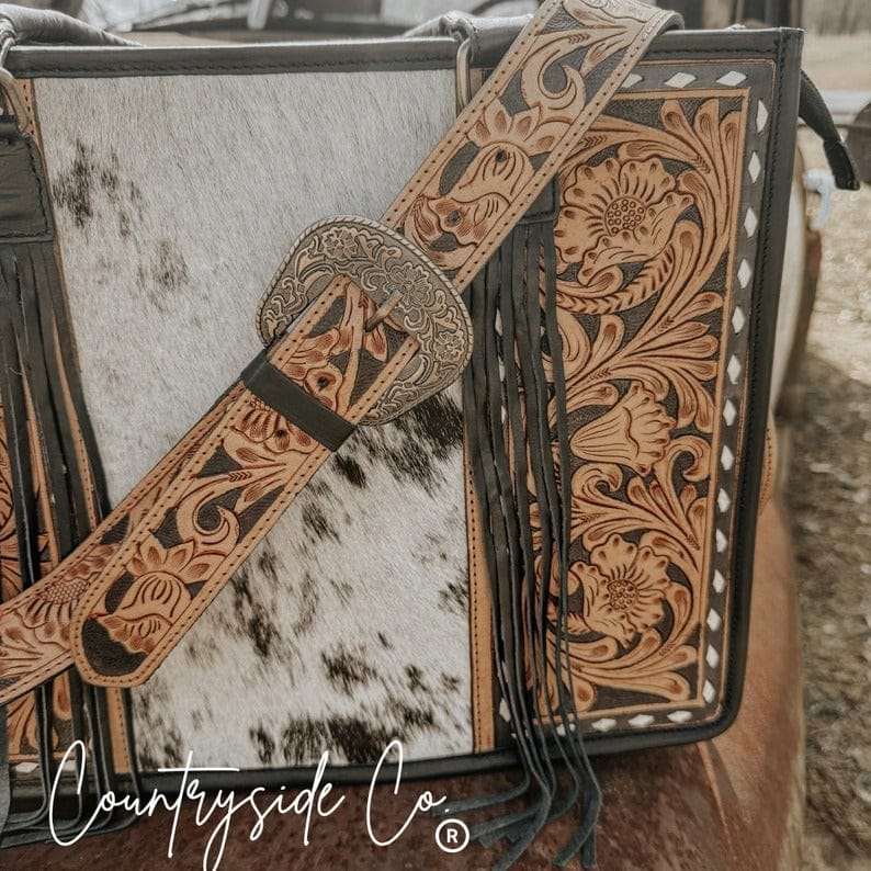 Countryside Co. Handbag Tan Cowtown Tooled Leather Cowhide Tote Computer Bag