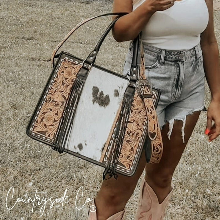 Countryside Co. Handbag Tan Cowtown Tooled Leather Cowhide Tote Computer Bag