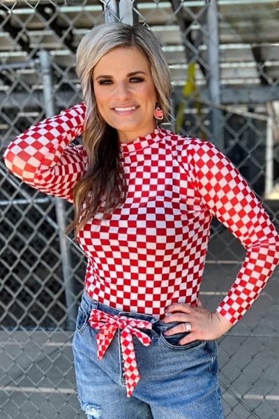 Sterling Kreek Long sleeve Mesh Top Red Checkered Mesh Top