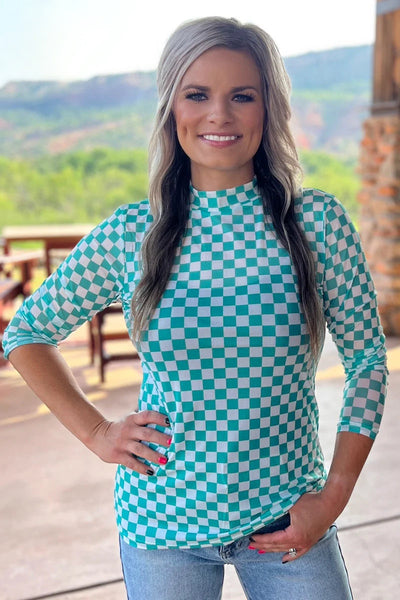 Turquoise Checkered Mesh Top