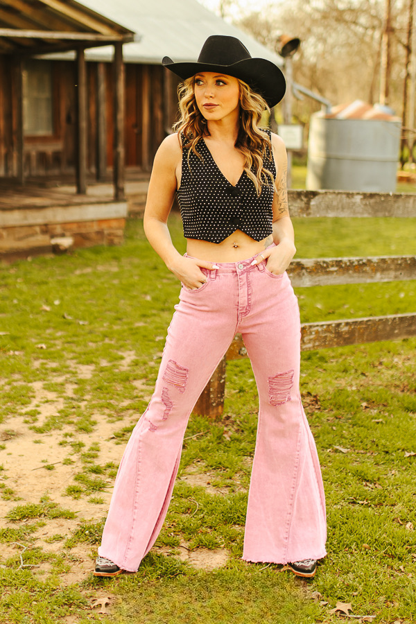 Pink Stone Wash High Rise Flare Jeans (Tummy Control)