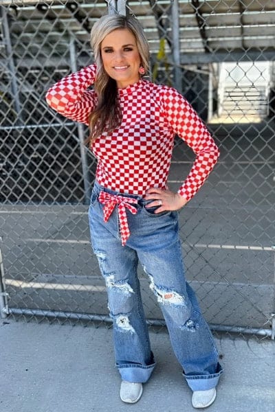 Sterling Kreek Long sleeve Mesh Top Red Checkered Mesh Top