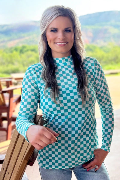 Turquoise Checkered Mesh Top