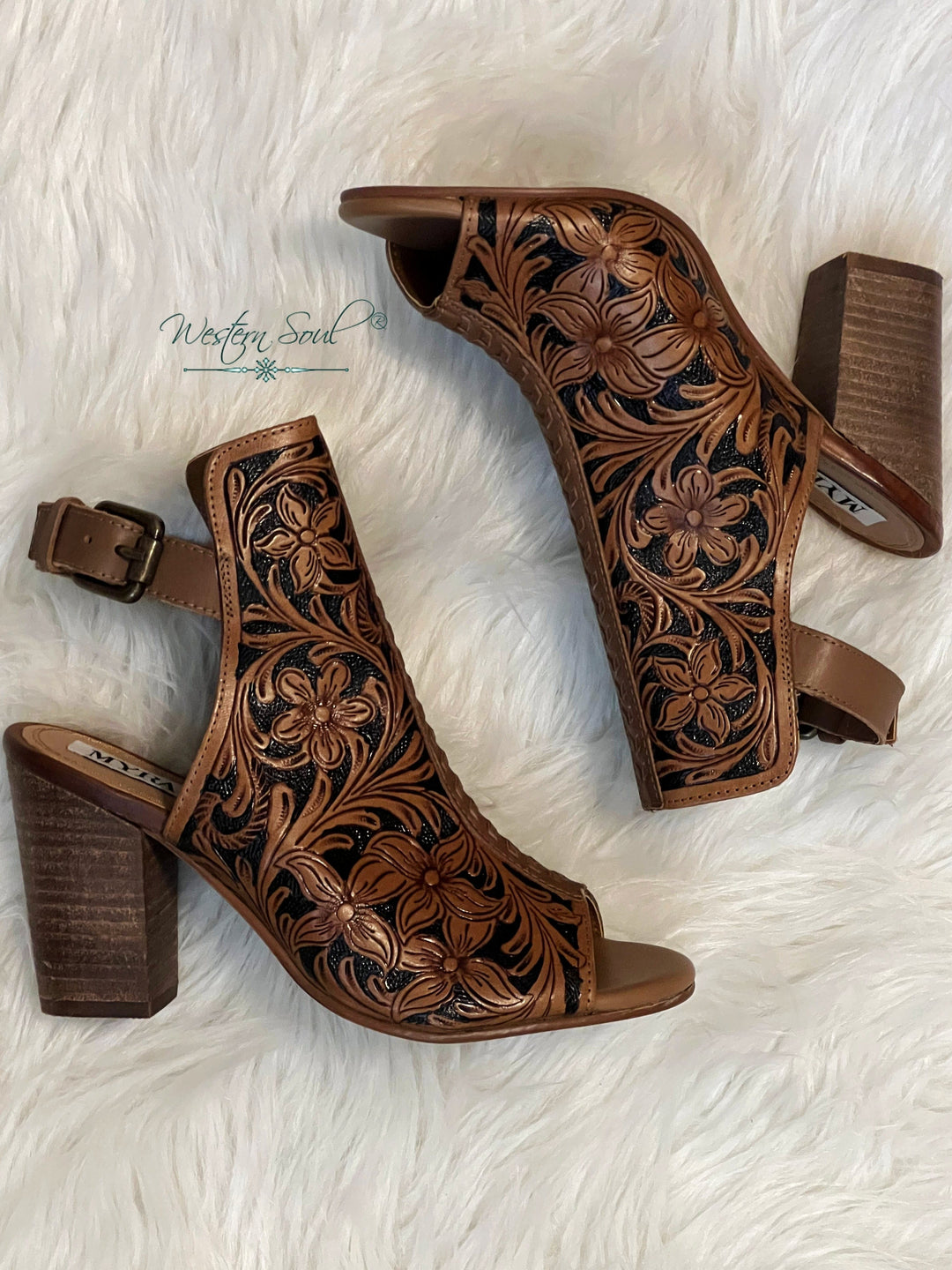 Myra Shoes Dodge Town Heels -Modern Western Hand-Tooled Leather Cowgirl Heels