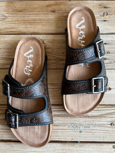 Very G Sandals Floral Print Western Sandal Chocolate