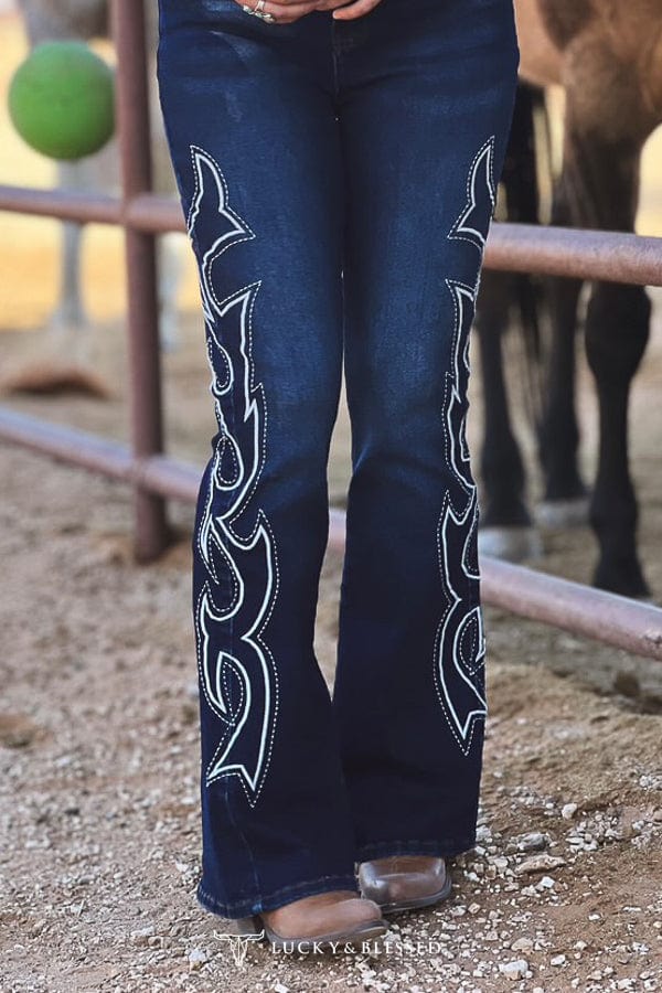 Boot Stitch Embroidered Flare Jeans - Main Image