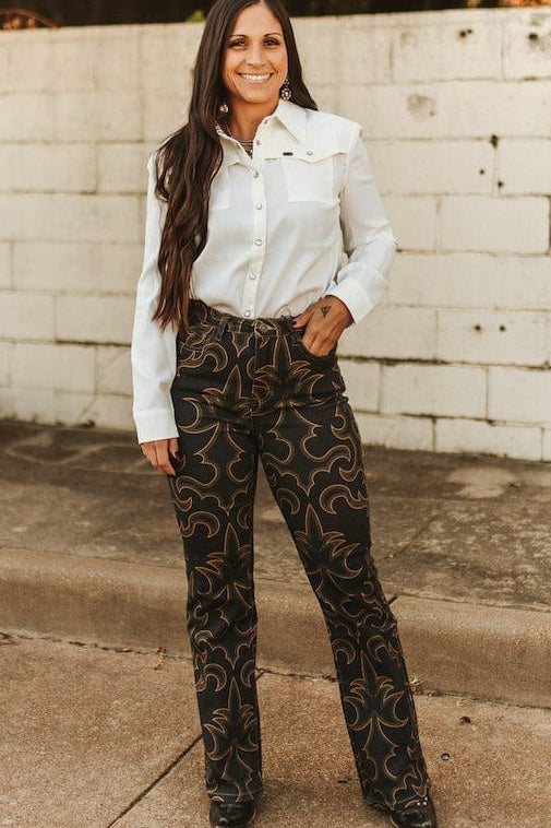 L&B Apparel Jeans Boot Stitch Printed High Rise Trouser Jeans