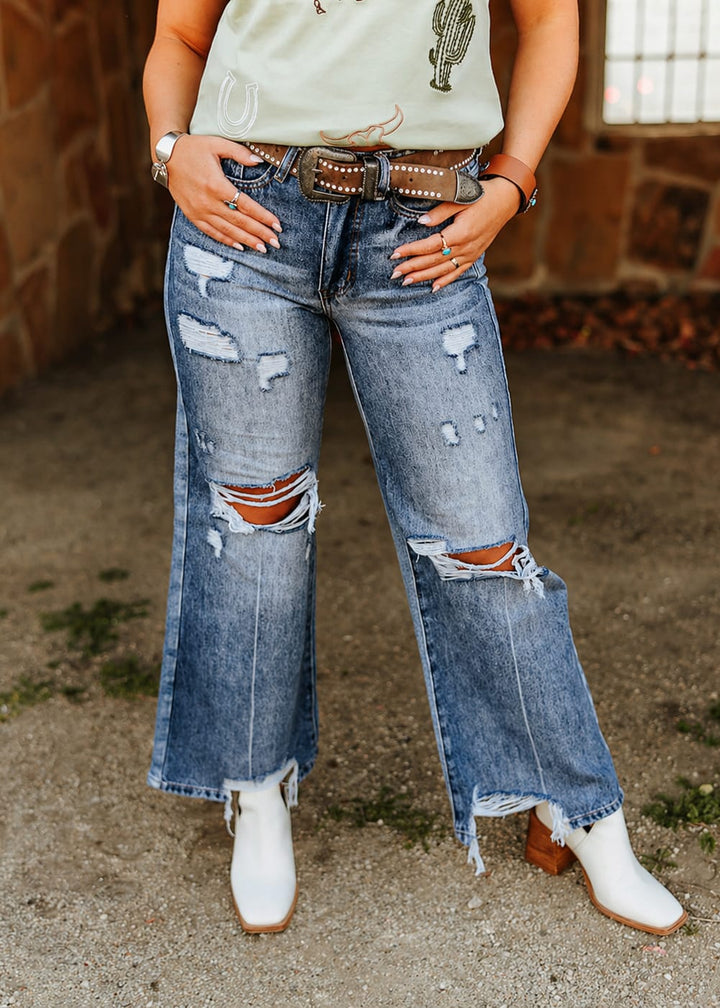 L&amp;B Apparel Jeans Mid Wash Distressed Mid Rise Wide Leg Frayed Bottom Jeans