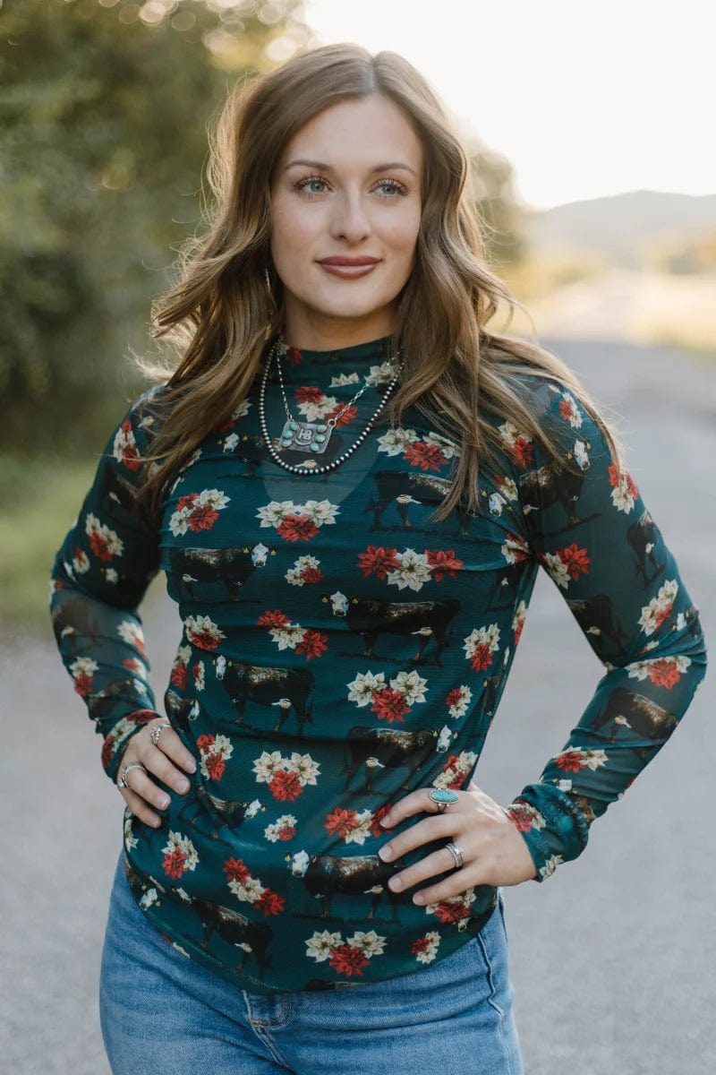 Sterling Kreek Long sleeve Mesh Top Poinsettias on The Prairie Mesh Top
