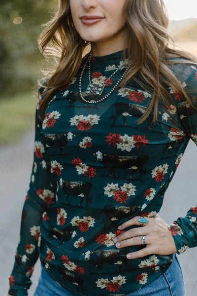 Sterling Kreek Long sleeve Mesh Top Poinsettias on The Prairie Mesh Top