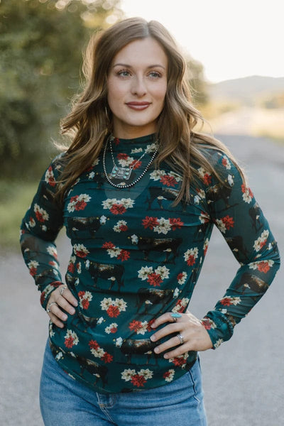 Sterling Kreek Long sleeve Mesh Top Poinsettias on The Prairie Mesh Top