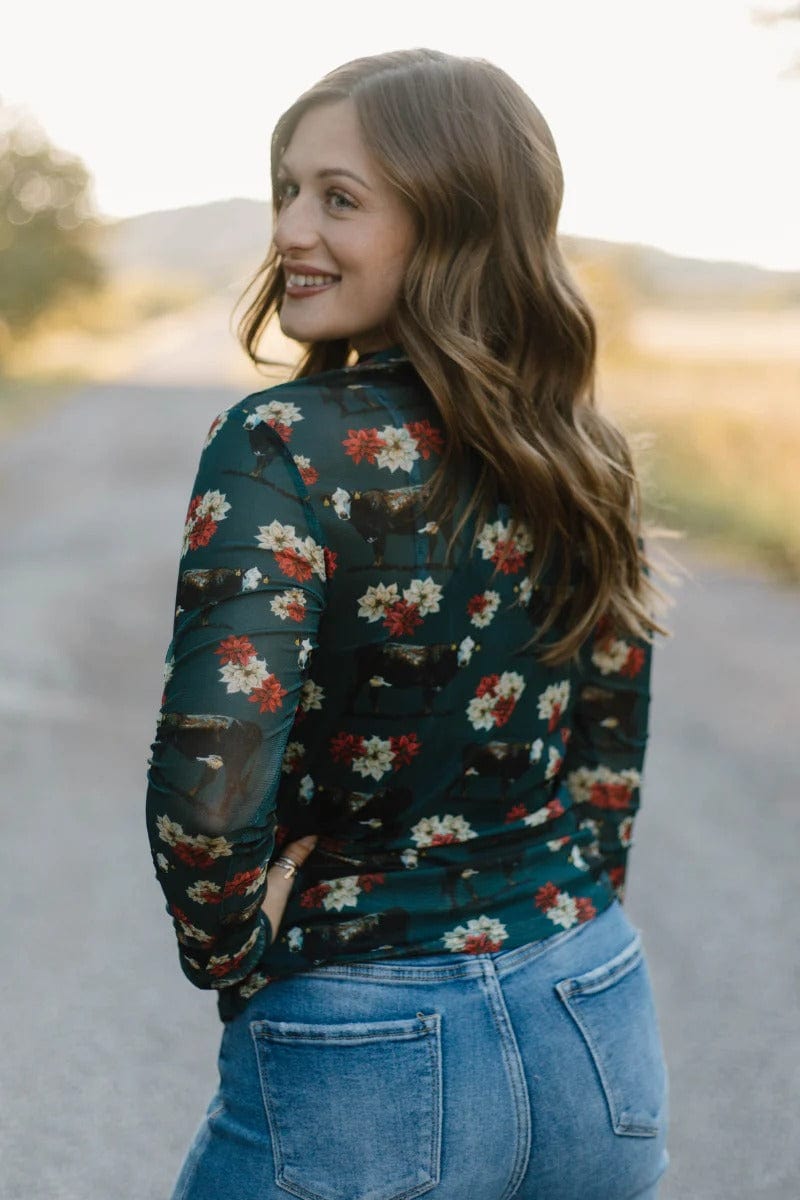 Sterling Kreek Long sleeve Mesh Top Poinsettias on The Prairie Mesh Top