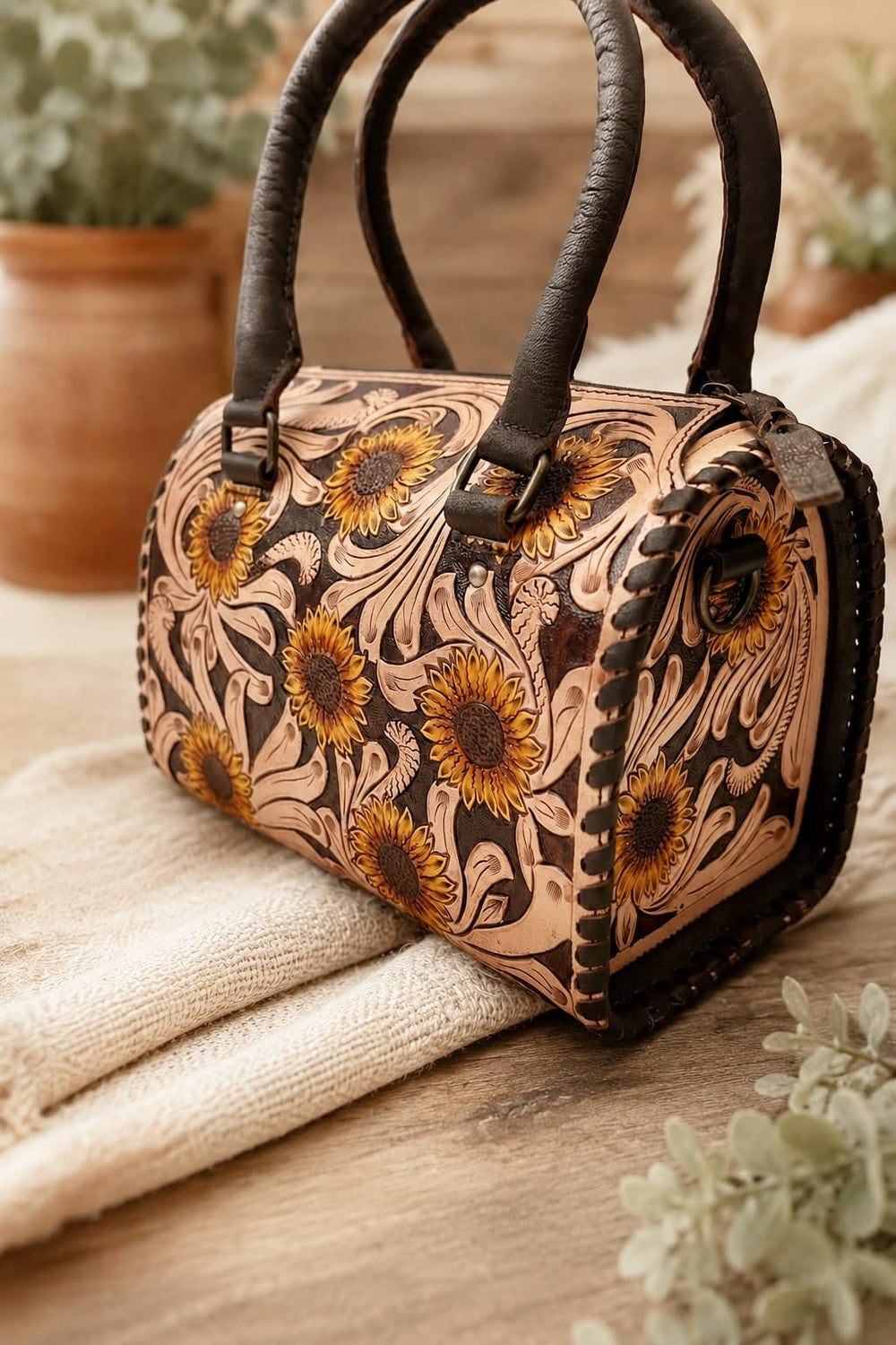 Southern Junkie Gypsy Boutique Handbag Floral Sunflower Tooled Leather Speedy Handbag