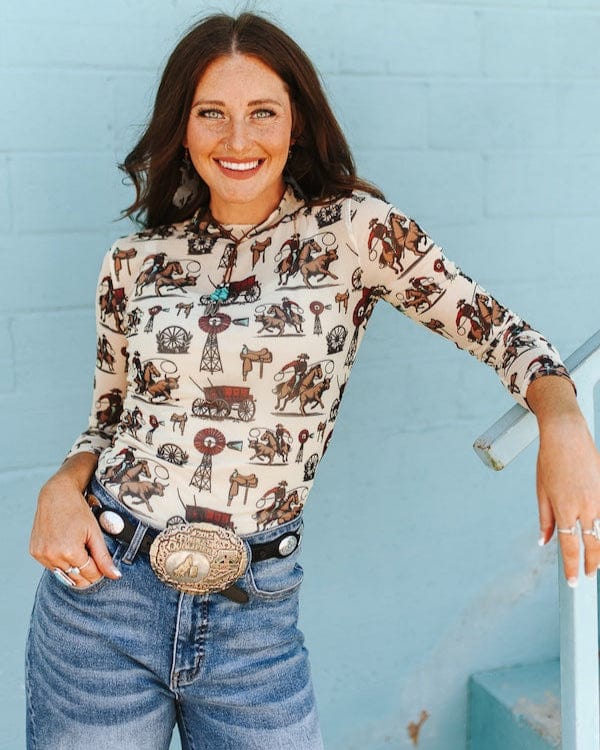 L&B Apparel Long sleeve Mesh Top Cowboy Round Mesh Top