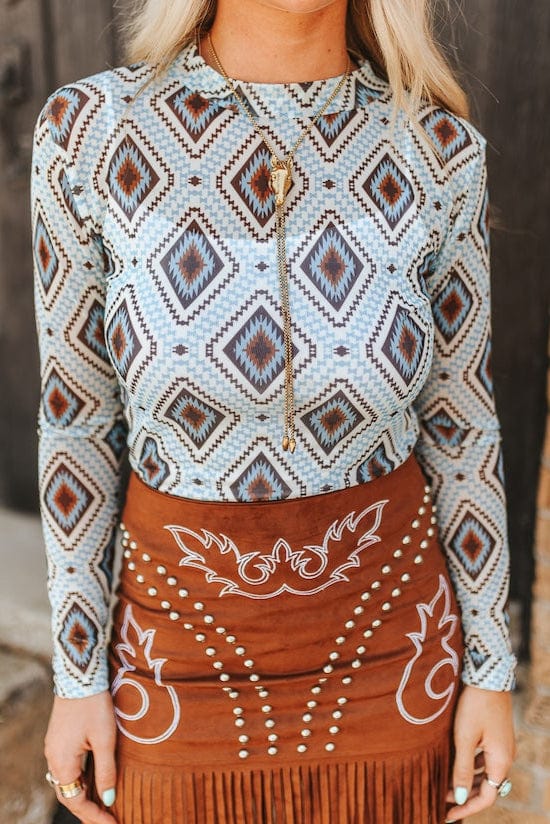 L&B Apparel Long sleeve Mesh Top Blue Ridge Aztec Mesh Top