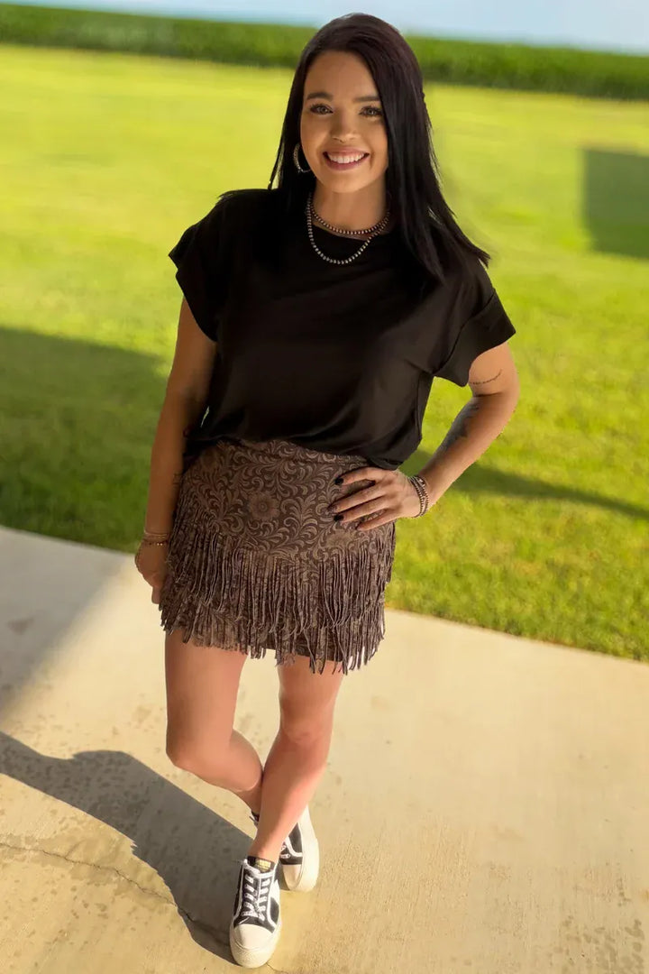 Sterling Kreek Skirt Tooled Leather Look Fort Worth Fringe Skirt