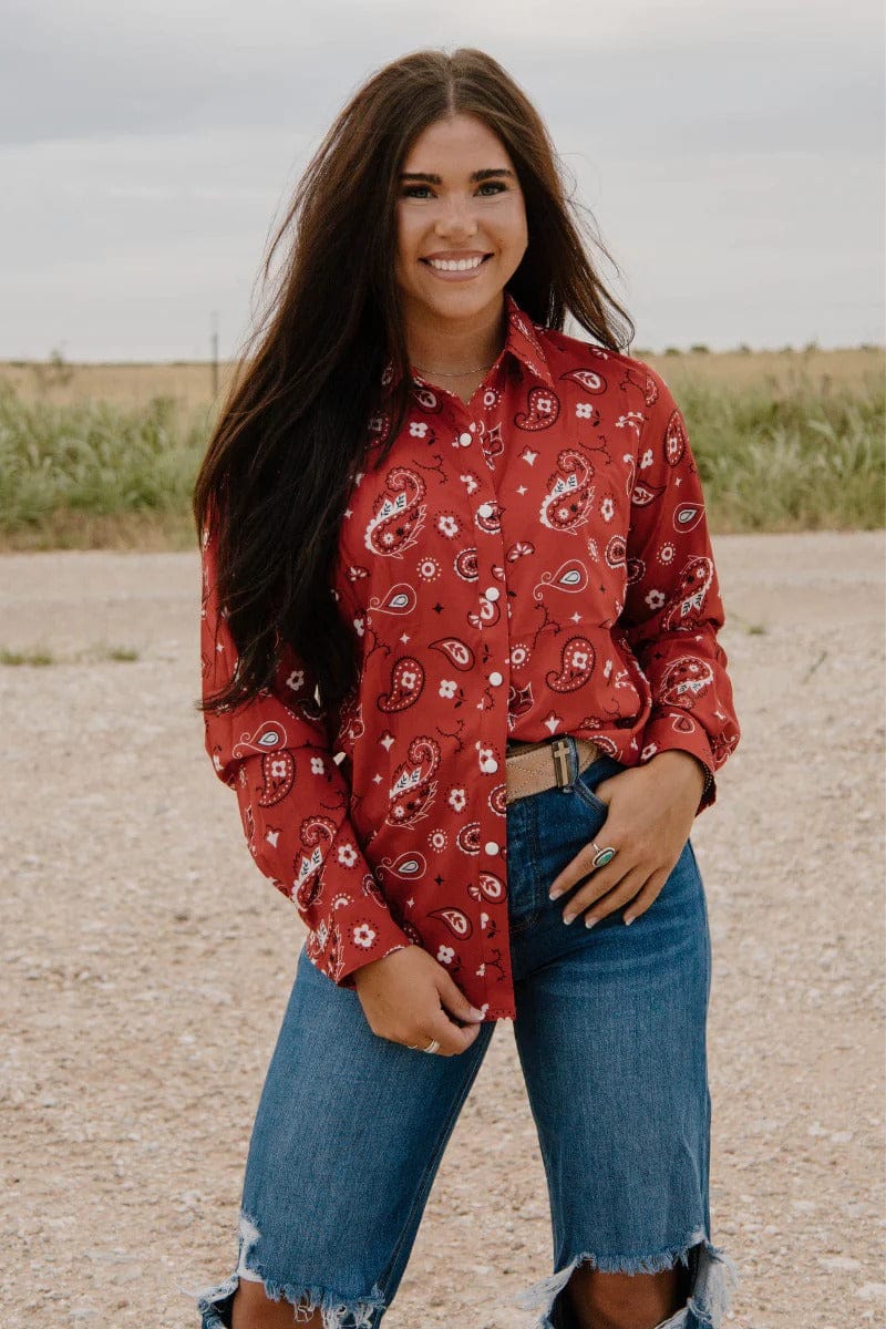 Sterling Kreek Clothing Long sleeve Top Bandana Babe Button up Red