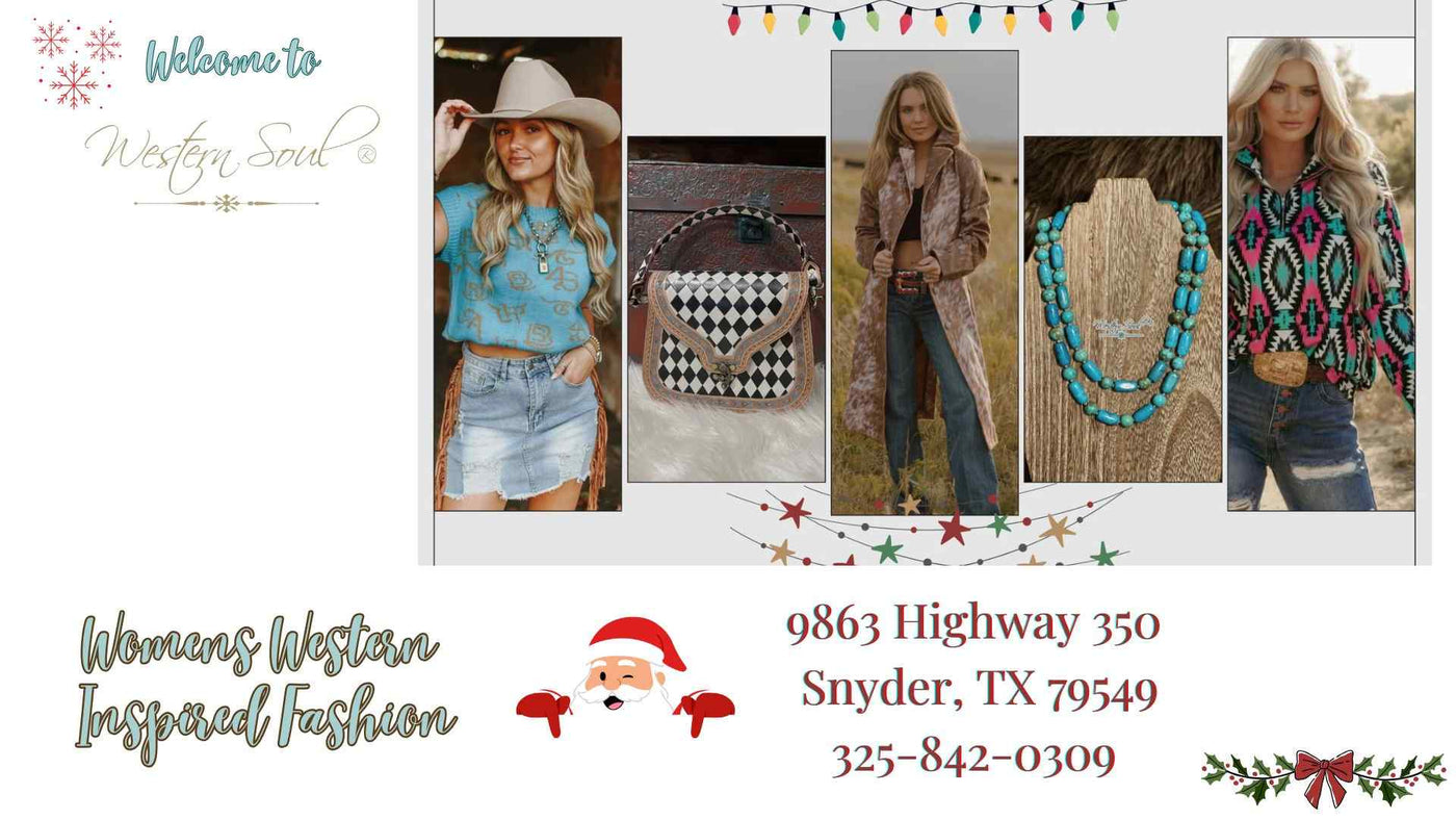 Promotional banner for Western Soul® featuring women's western fashion and accessories with contact information.