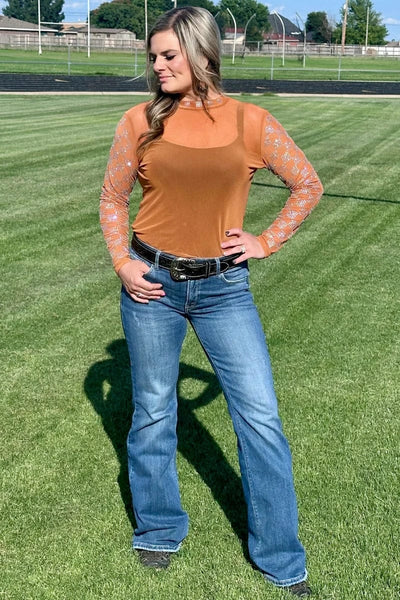 Sterling Kreek Long sleeve Mesh Top Checked In Burnt Orange