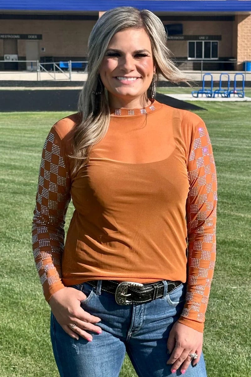 Sterling Kreek Long sleeve Mesh Top Checked In Burnt Orange