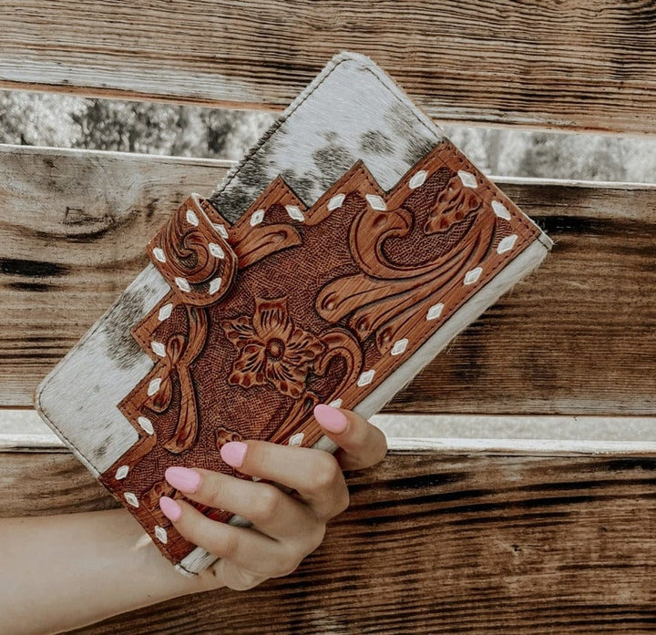 Countryside Co. Wallet Cowhide The Loretta Cowhide &amp; Tooled Leather Wallet Clutch - Countryside Co
