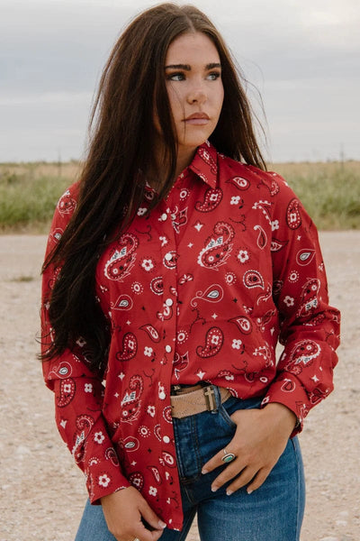 Sterling Kreek Clothing Long sleeve Top Bandana Babe Button up Red