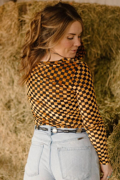 Western Soul® Long sleeve Mesh Top Pep Rally Velvet Mesh Gold/Black Crew Neck
