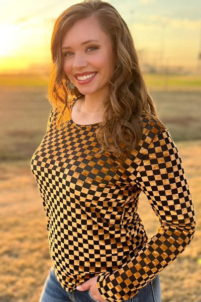 Western Soul® Long sleeve Mesh Top Pep Rally Velvet Mesh Gold/Black Crew Neck