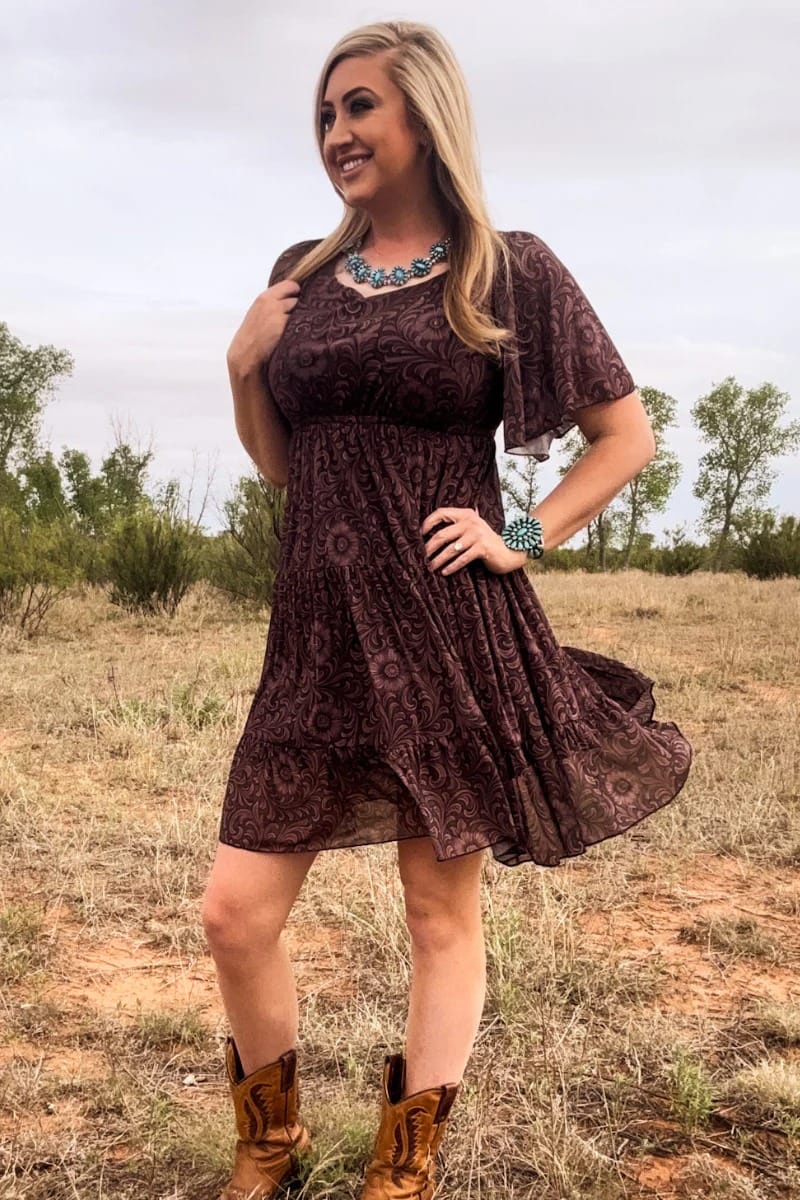 brown dress western Bronzed Bloom | Tooling Print Dress 94 cm Size S