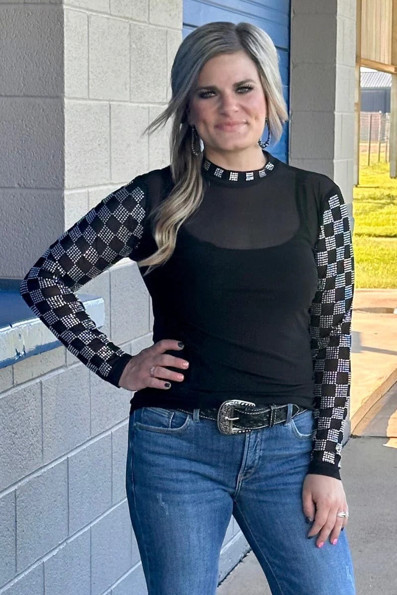 Sterling Kreek Long sleeve Mesh Top Checked In Black Mesh Top