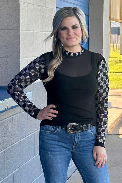 Sterling Kreek Long sleeve Mesh Top Checked In Black Mesh Top