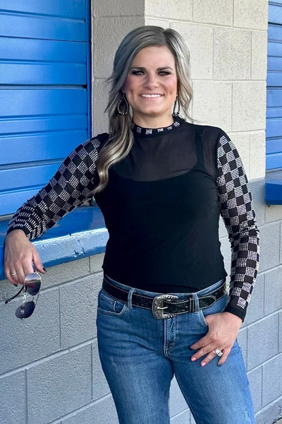 Sterling Kreek Long sleeve Mesh Top Checked In Black Mesh Top