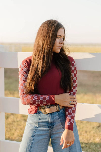 Sterling Kreek Long sleeve Mesh Top Checked In Maroon Mesh Top
