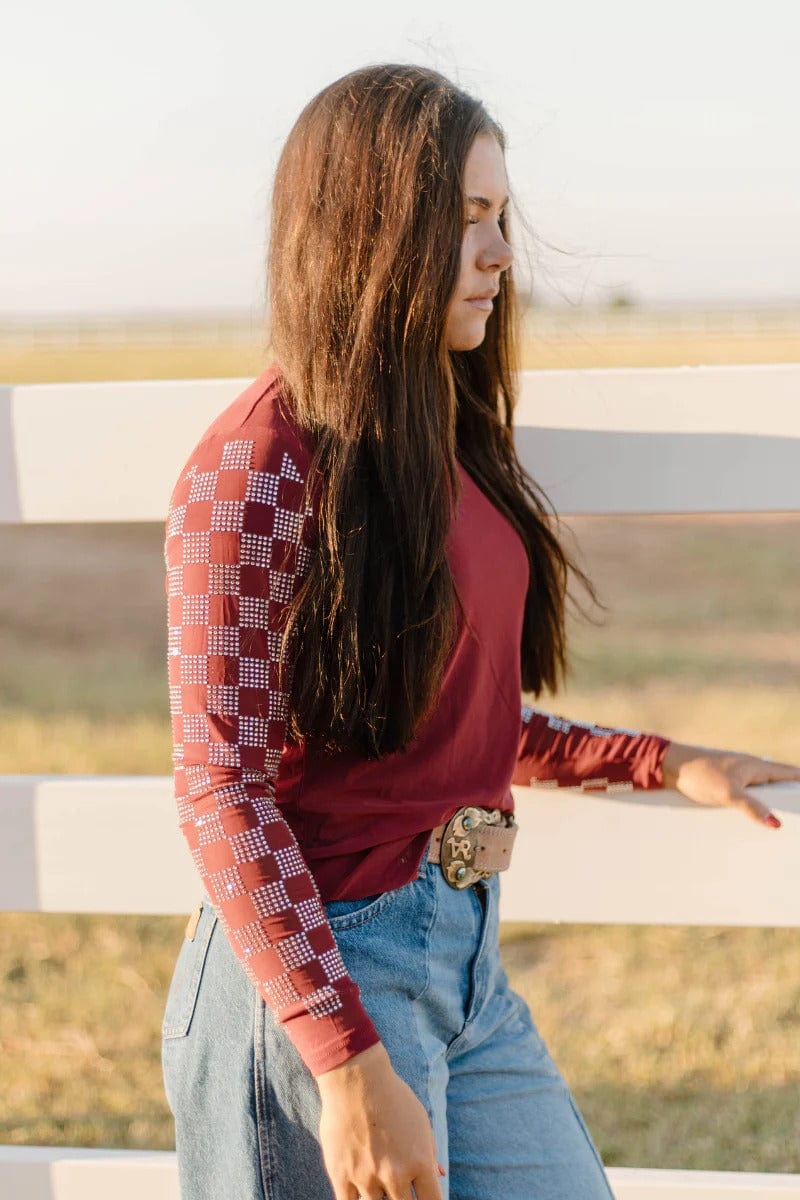 Sterling Kreek Long sleeve Mesh Top Checked In Maroon Mesh Top