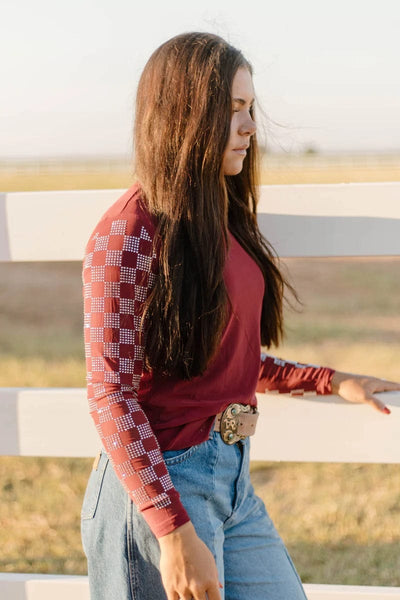 Sterling Kreek Long sleeve Mesh Top Checked In Maroon Mesh Top