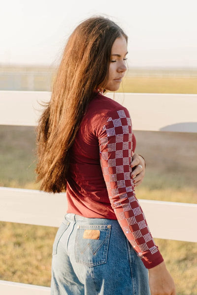Sterling Kreek Long sleeve Mesh Top Checked In Maroon Mesh Top