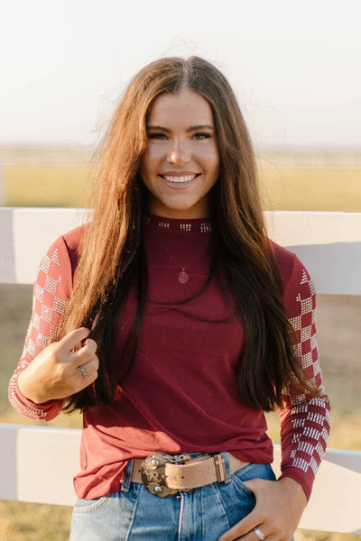 Sterling Kreek Long sleeve Mesh Top Checked In Maroon Mesh Top