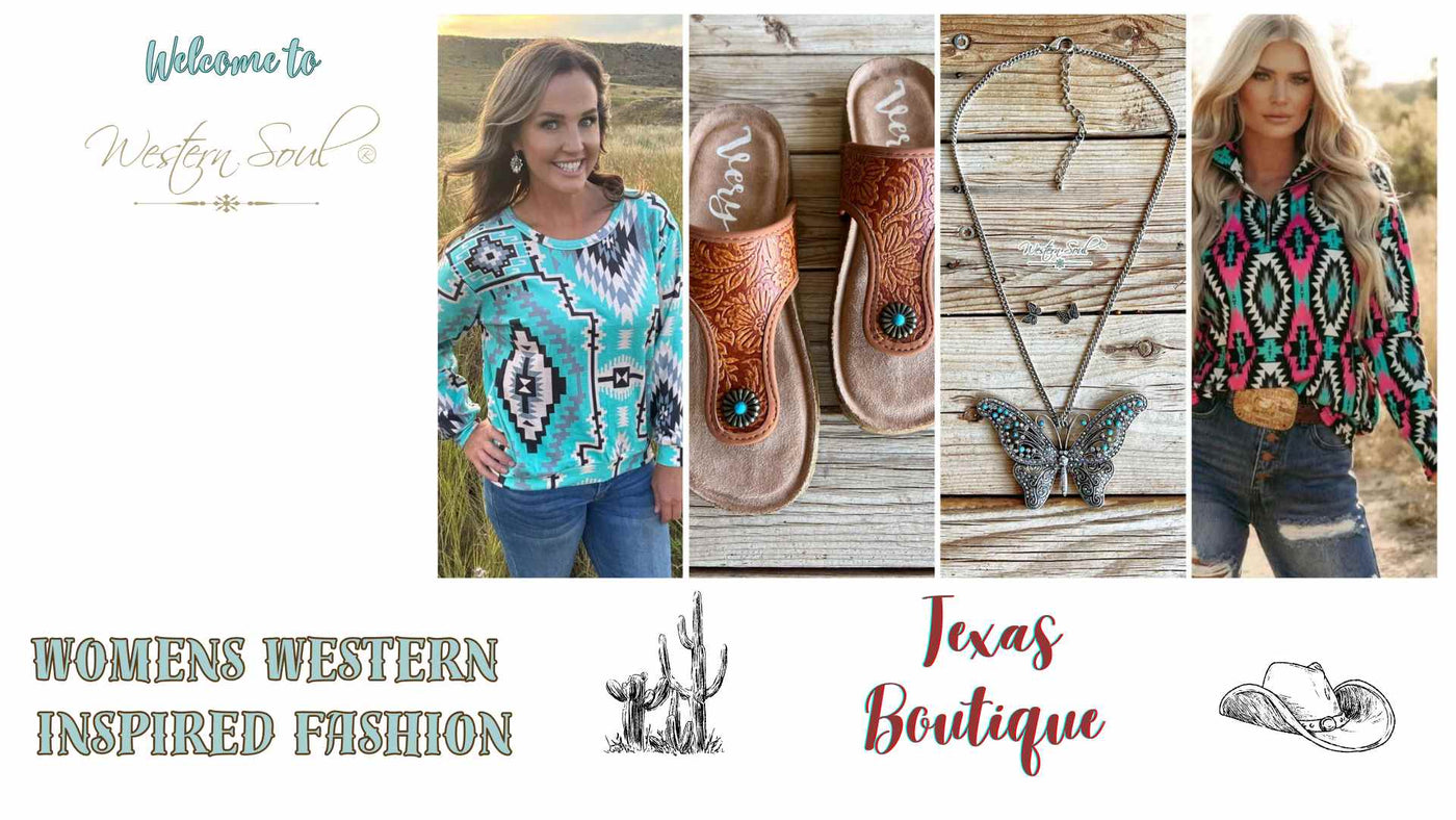 Promotional collage of women's western-inspired fashion wearing sterling kreek clothing, jewelry, and accessories.