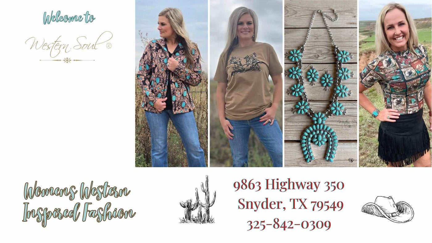 Promotional collage of women's western-inspired fashion wearing sterling kreek clothing, jewelry, and accessories.
