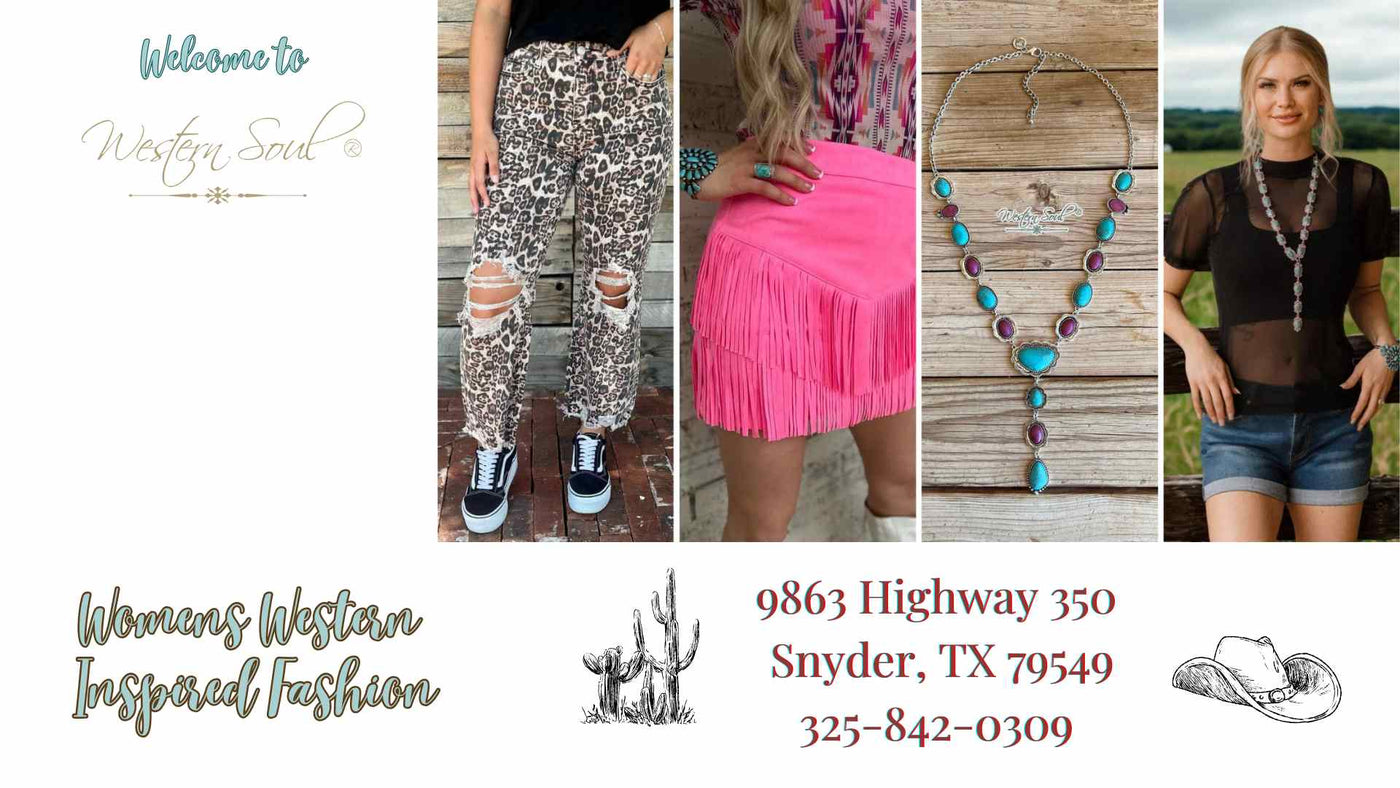 Promotional collage of women's western-inspired fashion wearing sterling kreek clothing, jewelry, and accessories.