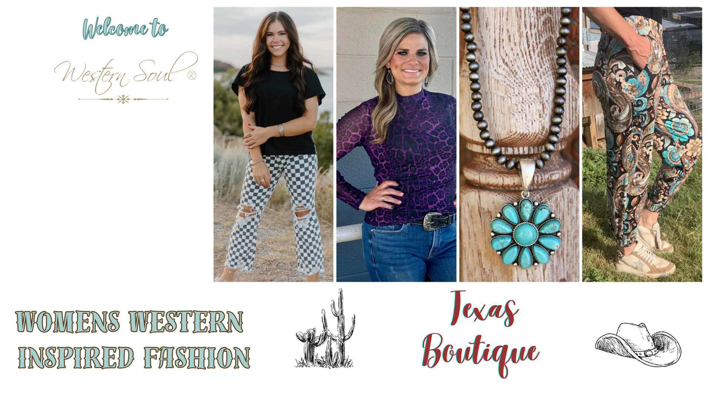 Promotional image for a women's western inspired fashion boutique with models and wearing sterling kreek products.